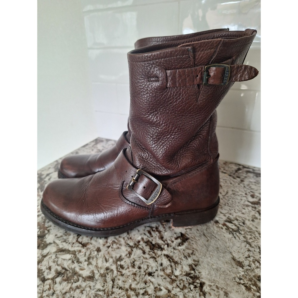 Frye Boots Womens Size 7 B Veronica Brown Leather Round Toe Buckle Bootie - Picture 3 of 8